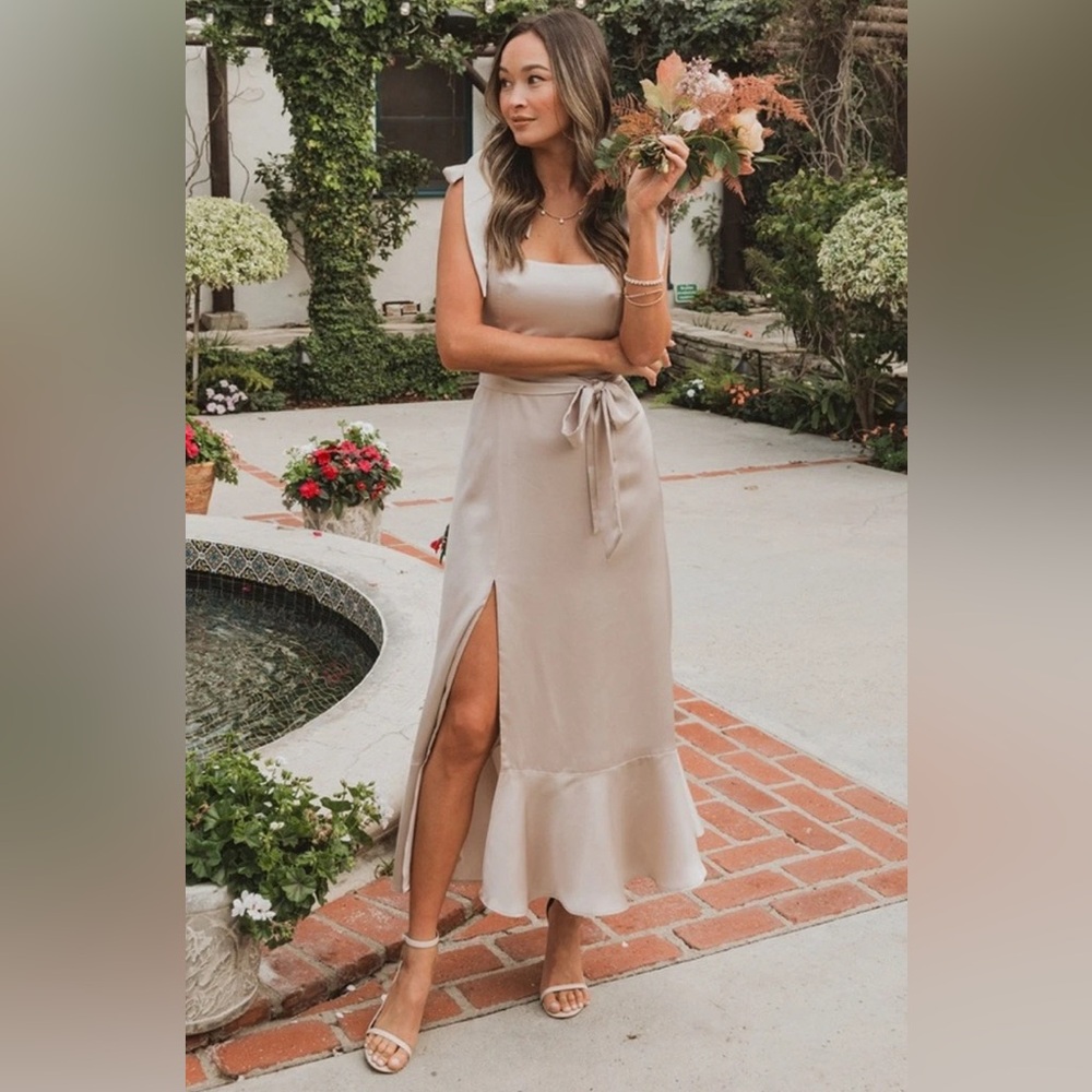 SHOW ME YOUR MUMU Claire Midi Dress Dune Luxe Satin Women’s Size Large NWT